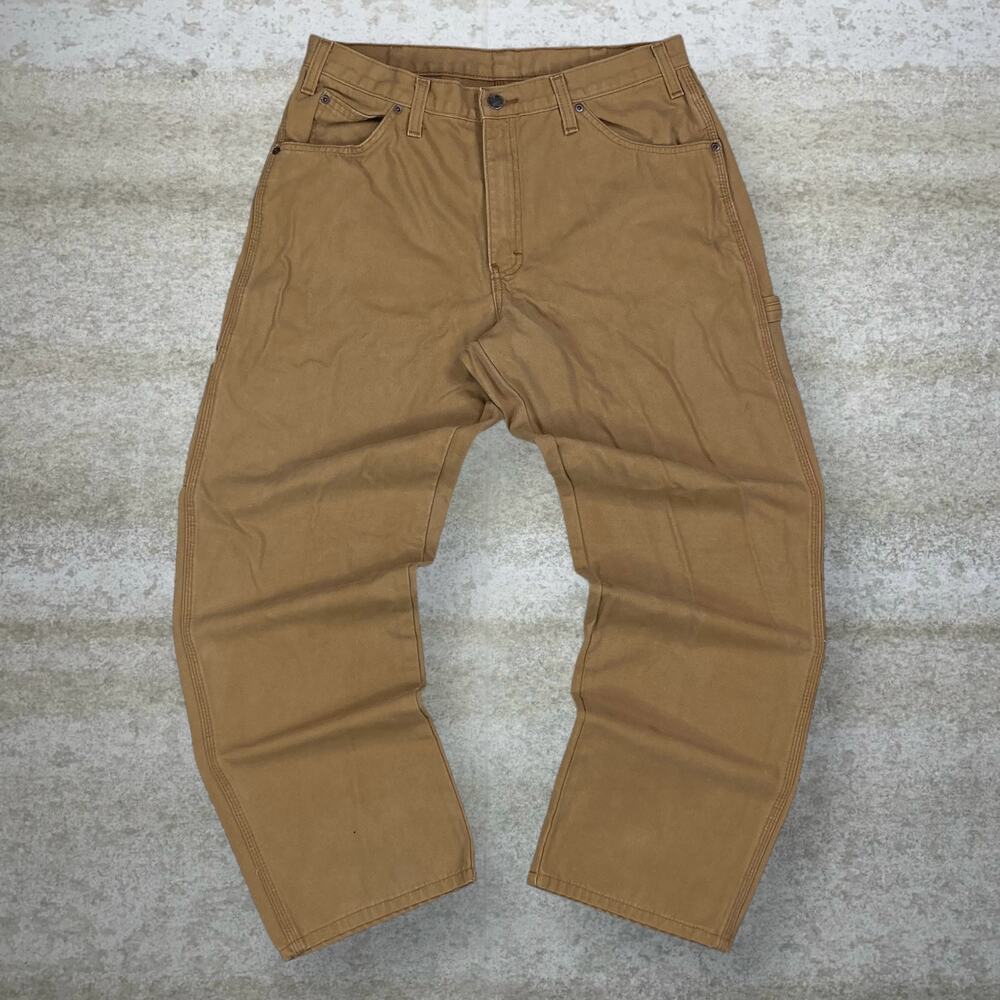 Vintage 90s Dickies Carpenter Pants 34x30 Baggy Wide Leg Tan Canvas Dungarees - Picture 2 of 6